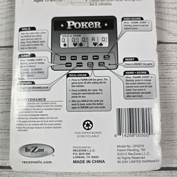 RecZone Poker 5 Games in 1 Handheld Model CP2076 New In Box - Picture 4 of 5